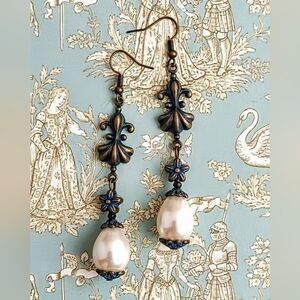 Baroque White Natural Pearl In Verdigris Rustic Blue Patina On Copper Earrings